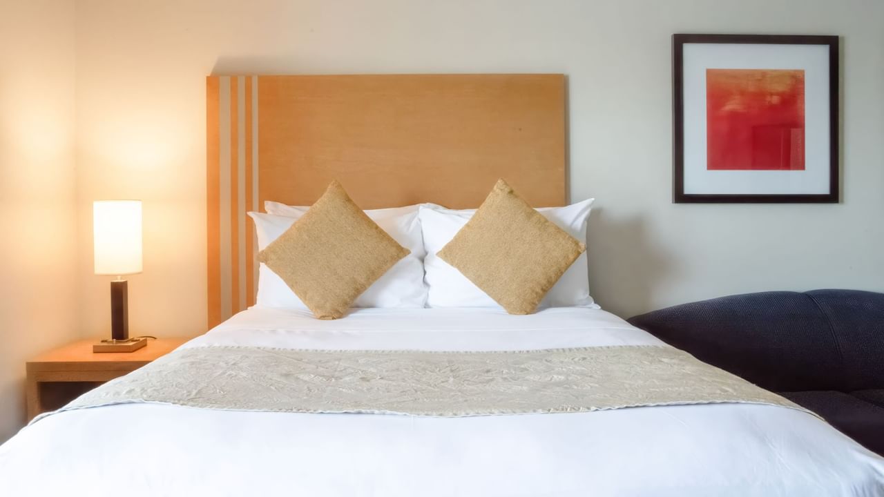 Cozy bedroom with modern decor and soft lighting.