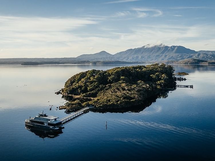 An aerial view of The Sarah Island near Gordon River Cruise