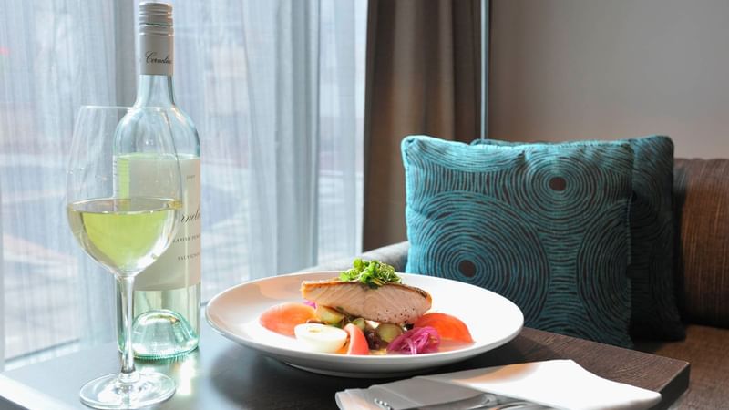 Closeup of dinner served in the room at Novotel Melbourne
