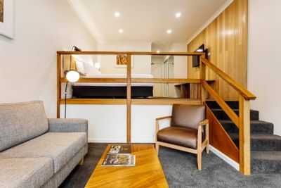 Living area in Split Level King Room at Cradle Mountain Hotel