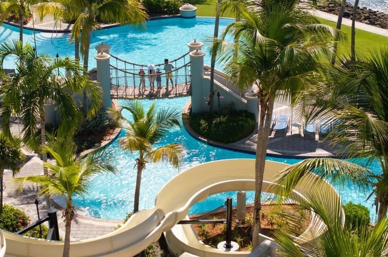 Curved water slide and wooden suspension bridge over a pool surrounded by palm trees at El Conquistador Resort