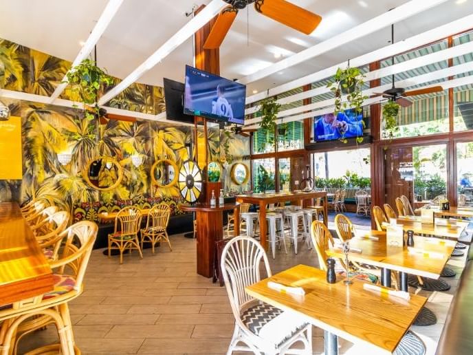 Bright tropical-themed restaurant with yellow palm tree murals, wooden tables, wicker chairs, and hanging plants.