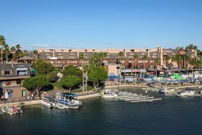 Waterfront view of resort buildings with marina, boats, palm trees, and shops along the shoreline at London Bridge Resort