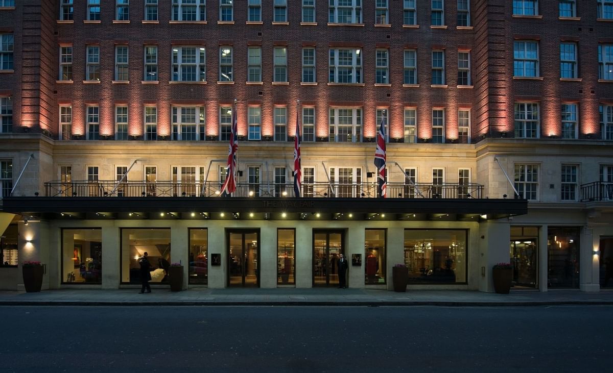 Exterior night view of The May Fair Hotel London