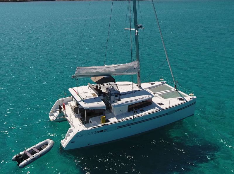 Aerial view of a Yacht in the water near Fullerton Ocean Park Hotel Hong Kong