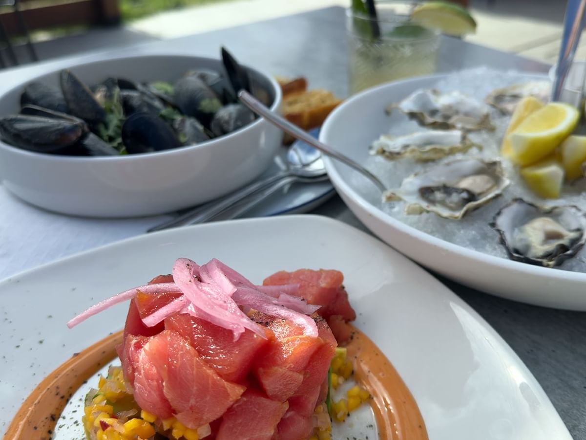 A table set with seafood dishes including oysters on ice, mussels, and a plate of tuna.