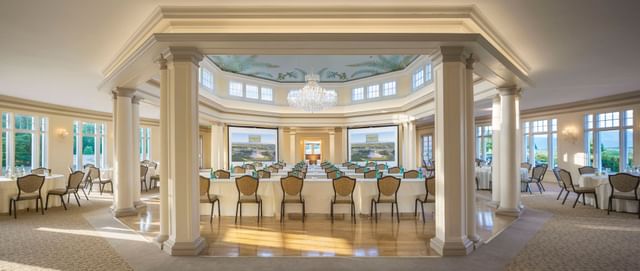 Banquet tables arranged in a hall at Mountain View Grand Resort & Spa