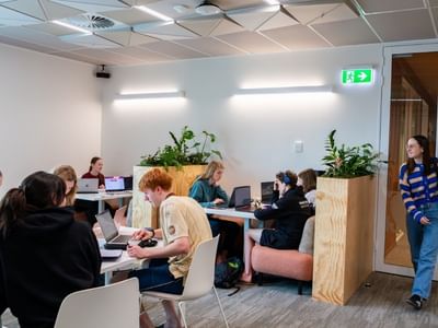 Modern collaborative workspace with students working at tables, wooden planters with greenery, and geometric ceiling panels.