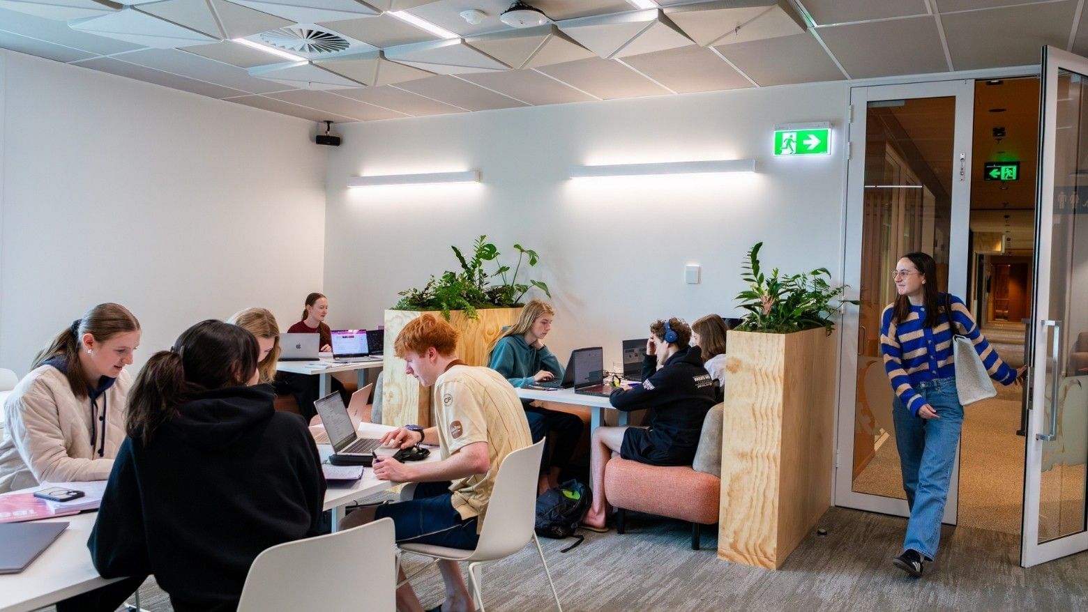 Modern collaborative workspace with students working at tables, wooden planters with greenery, and geometric ceiling panels.