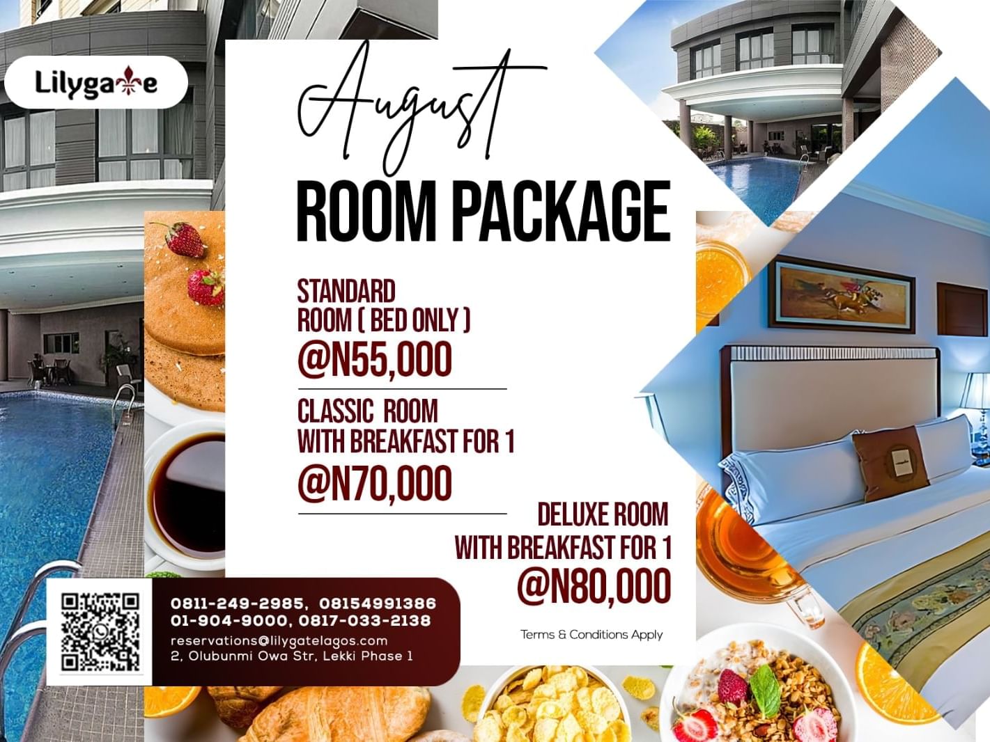Lilygate hotel room with breakfast for one person prices are N55,000 standard room, N70,000 classic room, N80,000 deluxe room