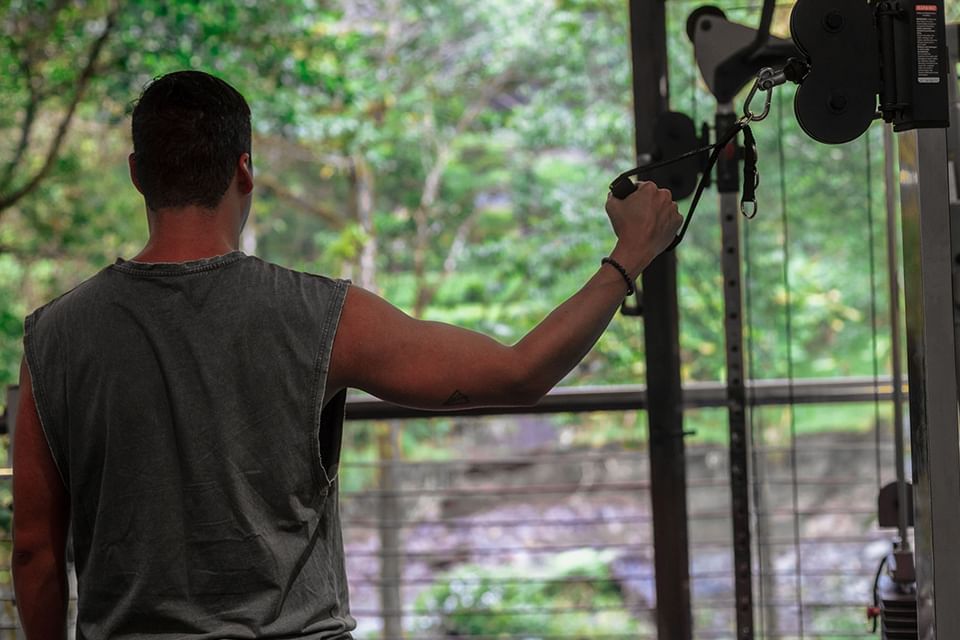 Man doing cable tricep extensions in the gym with an outside view at El Silencio Lodge & Spa