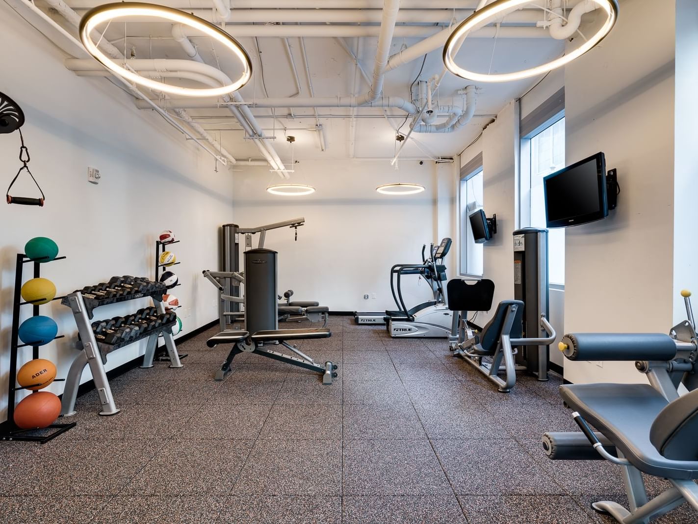 Gym with fitness equipment & weights at Boulan South Beach