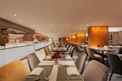 Park cafe offers a modern, welcoming ambiance with natural light, wood accents, and greenery for a relaxing guest experience