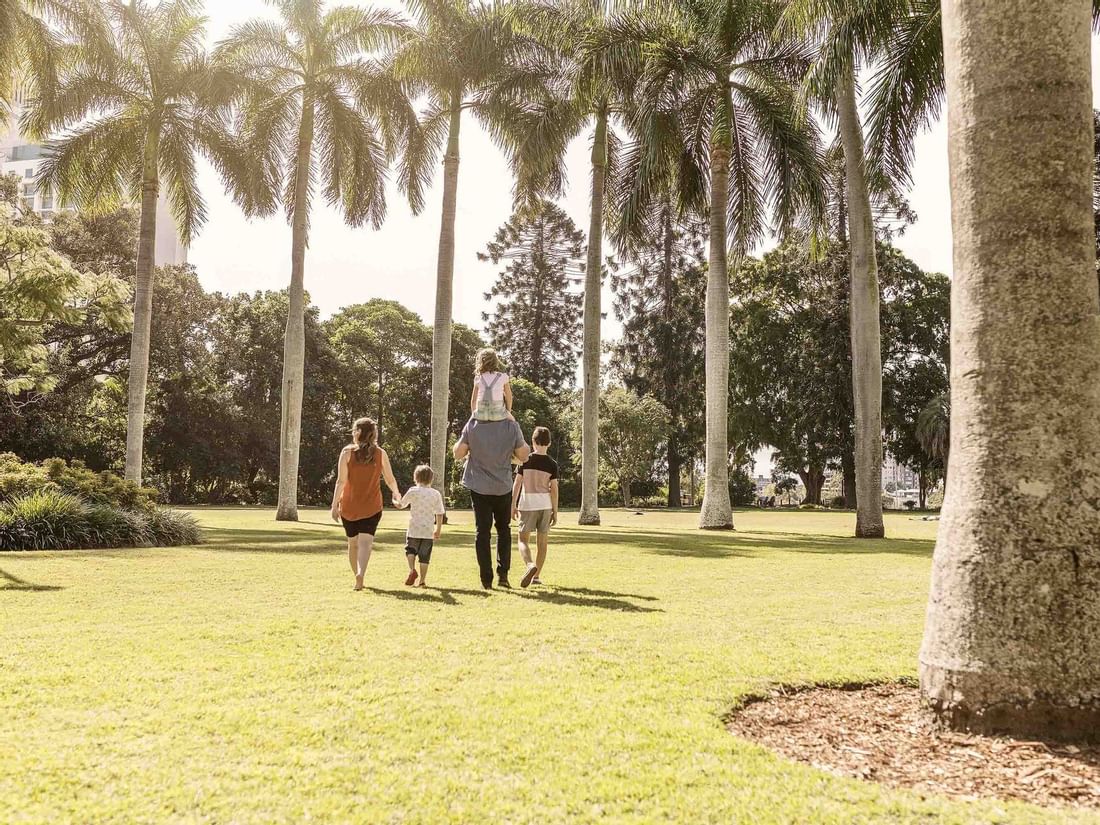 Family of four walking through City Botanic Gardens with tall palm trees on a sunny day near The Sebel Brisbane