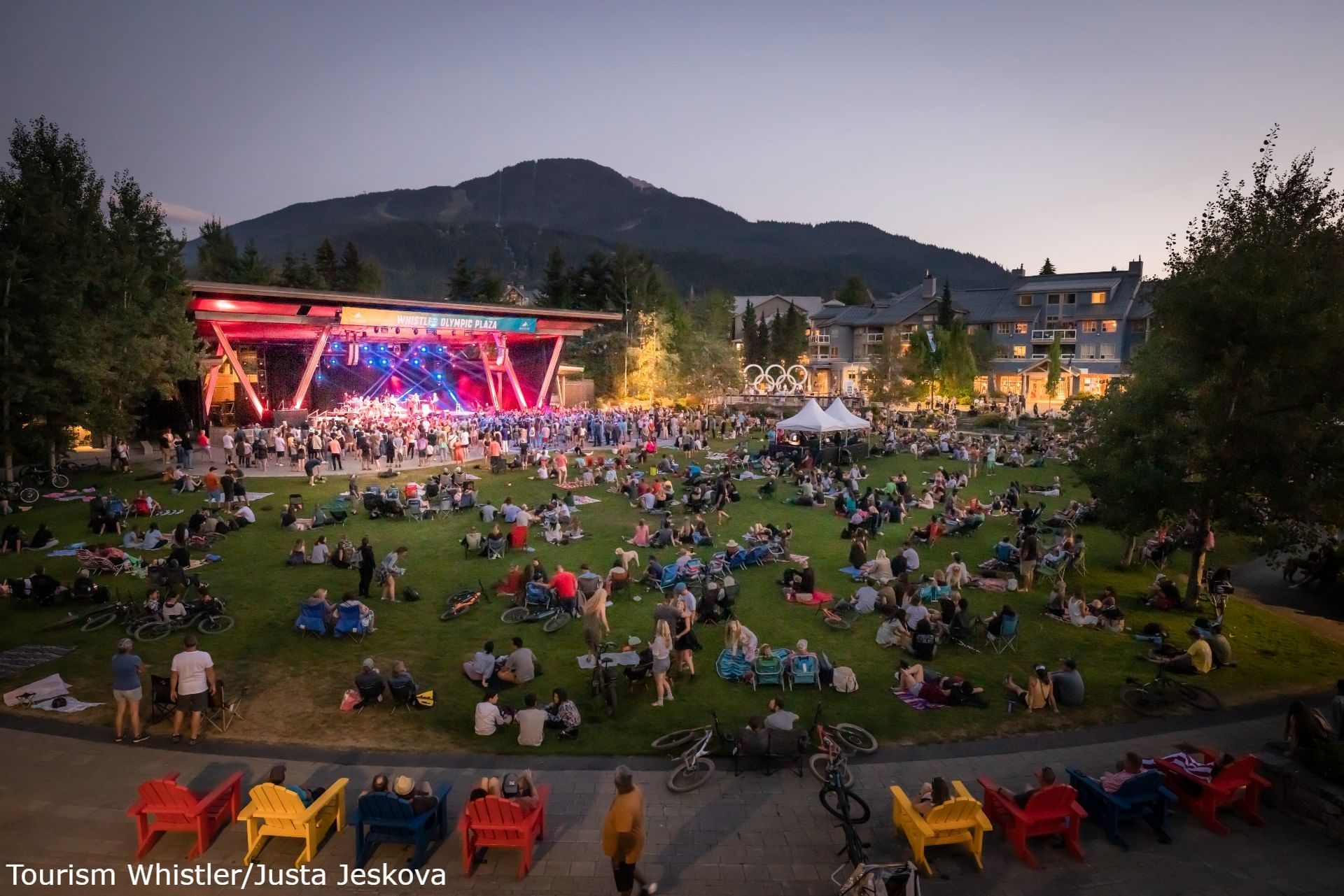 Crowded and illuminated Whistler Olympic Plaza near Blackcomb Springs Suites