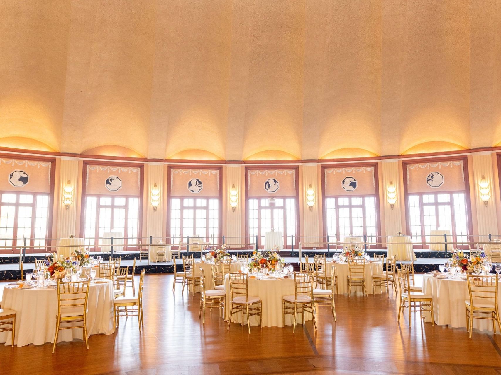 Banquets neatly arranged in Catalina Island Casino at Hotel Atwater