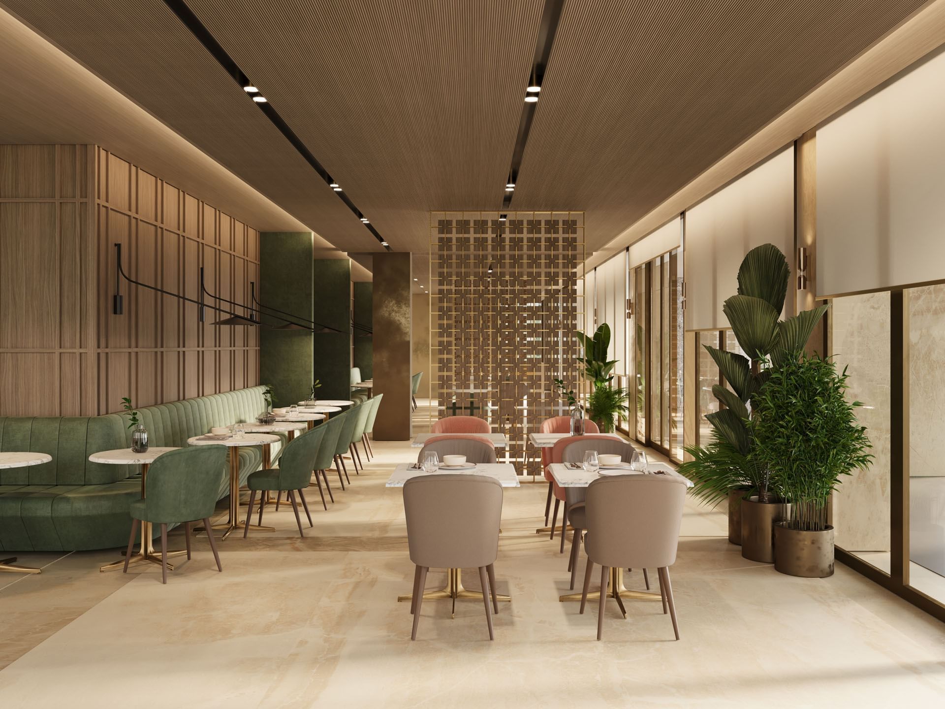 La Papeterie's interior of an elegant table set by the windows and tiled floors at Hotel des Innovations