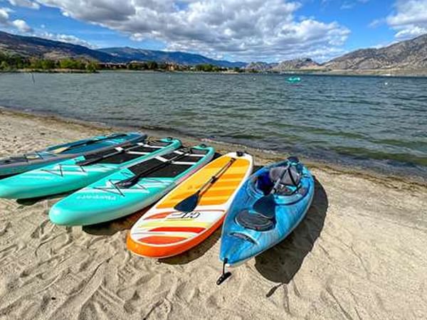 paddleboards and kayaks by the beach