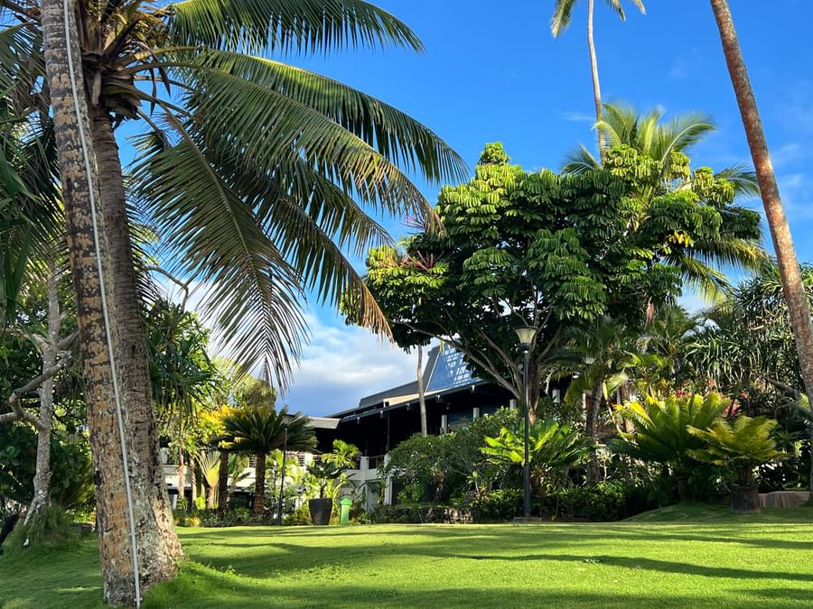 Green lawn with lush palm trees and resort buildings under a clear blue sky at Warwick Fiji Resort and Spa.