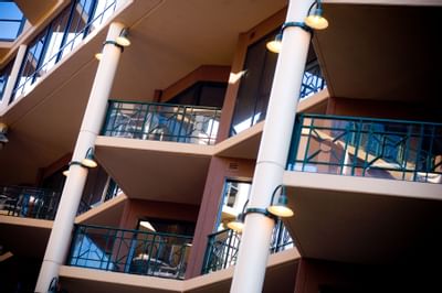 Low angle view of the room balconies at Amora Hotel Melbourne