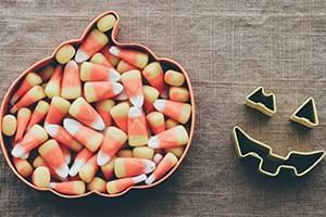 Pumpkin shaped bowl fiiled with candy corn near Lake Buena Vista Resort Village & Spa