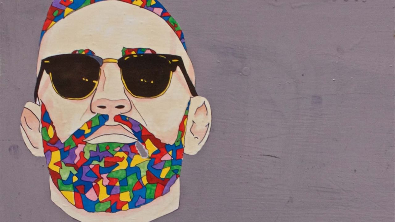 Artwork of man's face with colorful beard and sunglasses