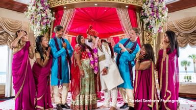 bride and groom surrounded by bridesmaids and groomsmen