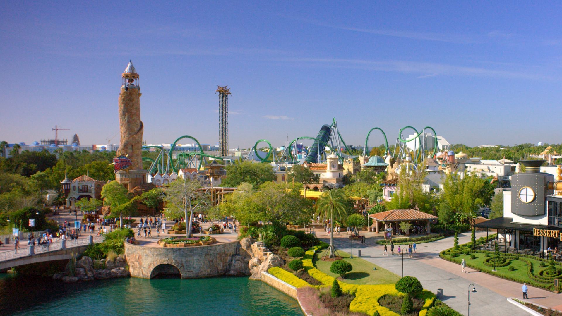 A wide shot of Universal Islands of Adventure at the front of the park. 