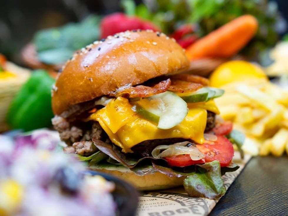Close-up of a Burger in a restaurant at Amara Hotel BKK