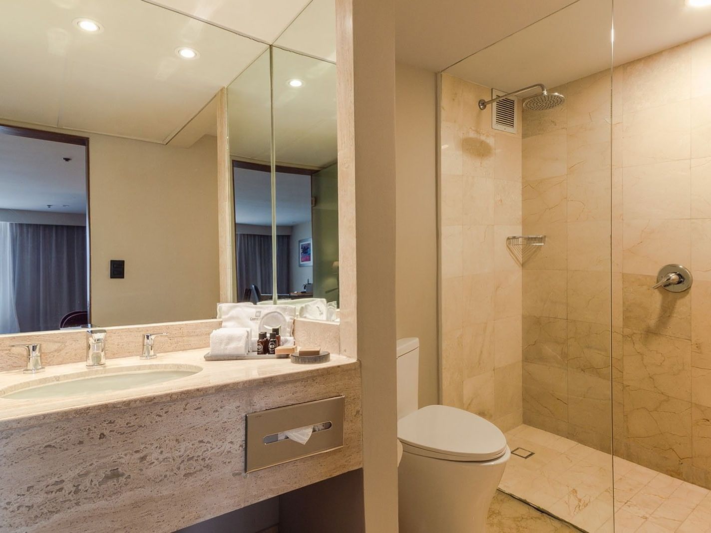 Baño de la Junior Suite King con ducha y lavabo en el Camino Real Aeropuerto México en Ciudad de México.