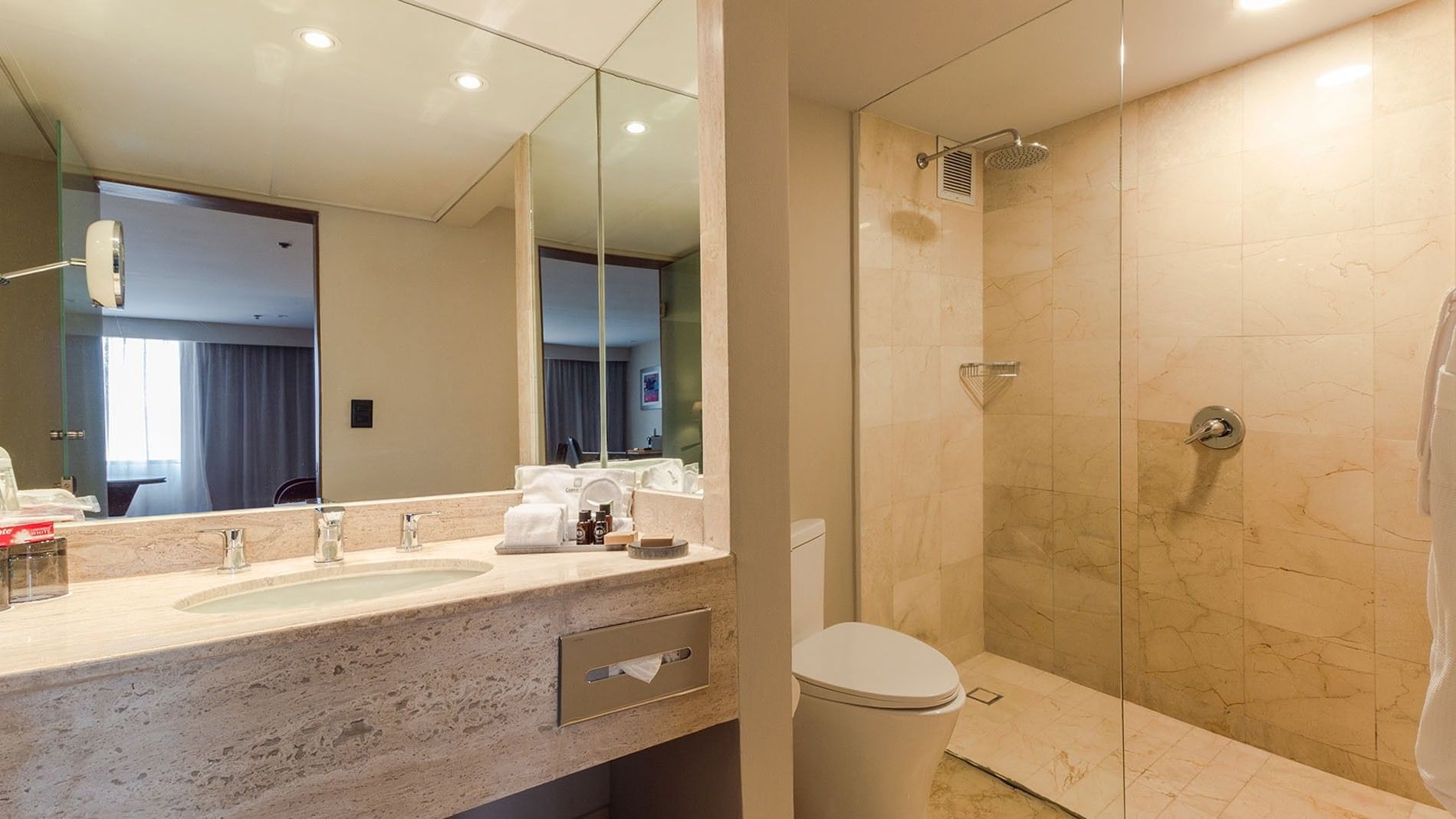King Junior Suite bathroom with a marble vanity mirror and glass shower stall at Camino Real Aeropuerto Mexico