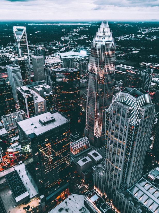Aerial view of a cityscape with skyscrapers