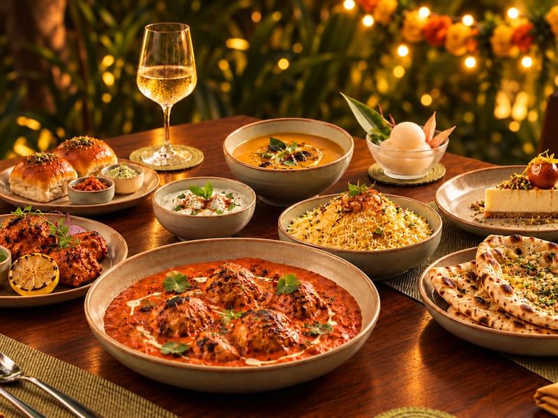 Deepavali Feast spread with curries, naan, biryani, desserts, and wine at the Pomelo restaurant of The Banjaran Hotsprings Retreat