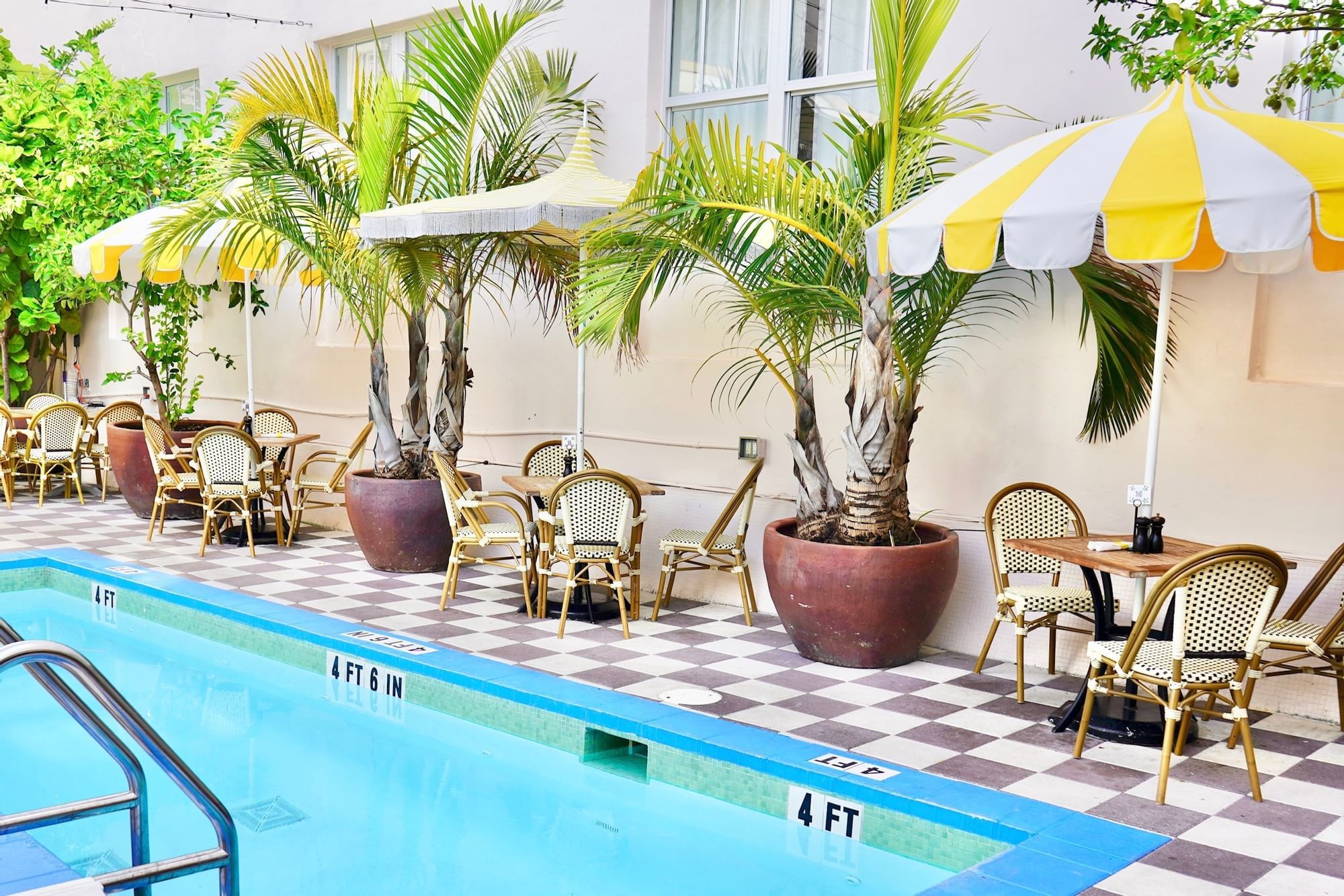 A swimming pool with a checkered deck, surrounded by palm trees, tables, and chairs.