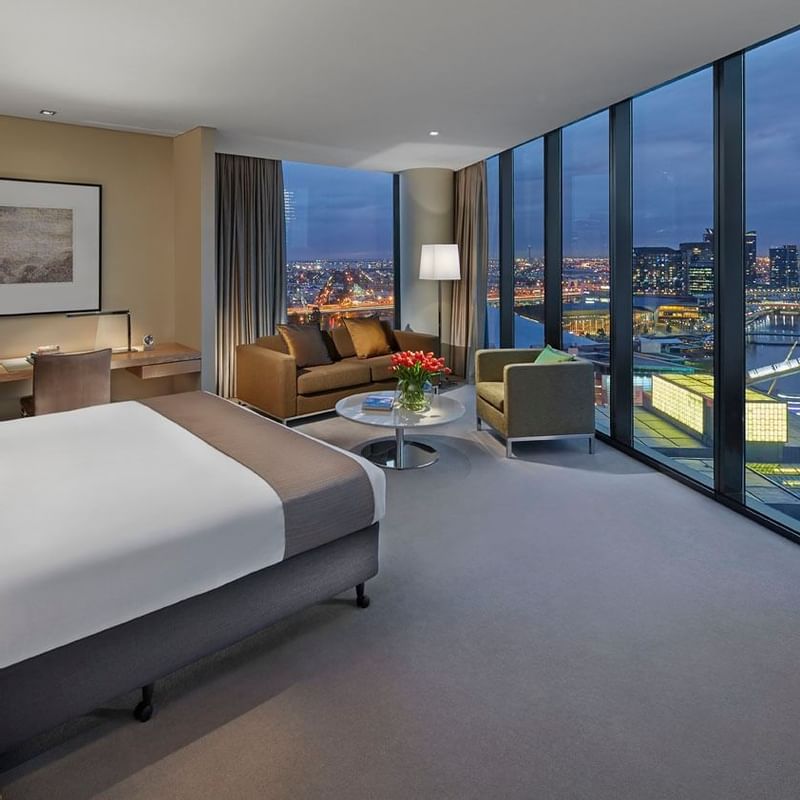 Bed & furniture in Studio Room at Crown Promenade Melbourne