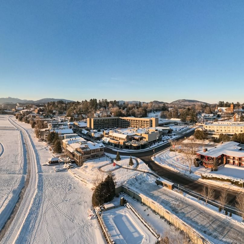 Aerial view of the hotel & city in winter at High Peaks Resort