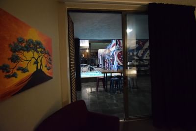 a couch by a doorway