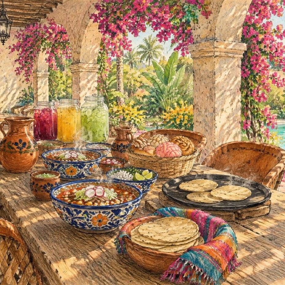 Mesa con tortillas, jarras de agua fresca y bugambilias junto a una alberca en un patio colonial mexicano