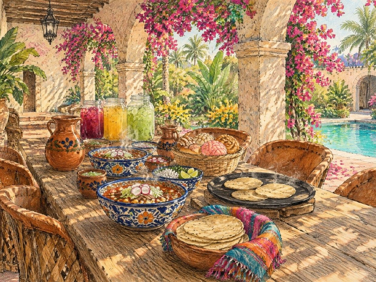 Colorful outdoor dining table with traditional pottery, fresh tortillas, and tropical flowers beside a sparkling pool.