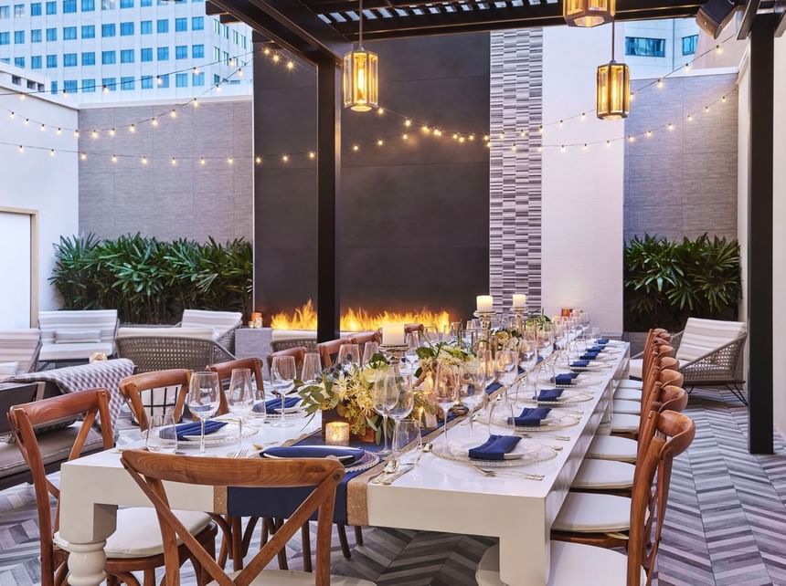 Table arranged for an event in Veranda & deck at Hotel Republic San Diego