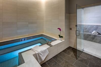 Silver Aspen Spa steam room & pool with vanity at Stein Eriksen Residences