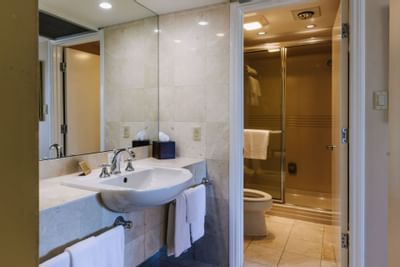 Bathroom vanity area in Studios at Dinah's Garden Hotel
