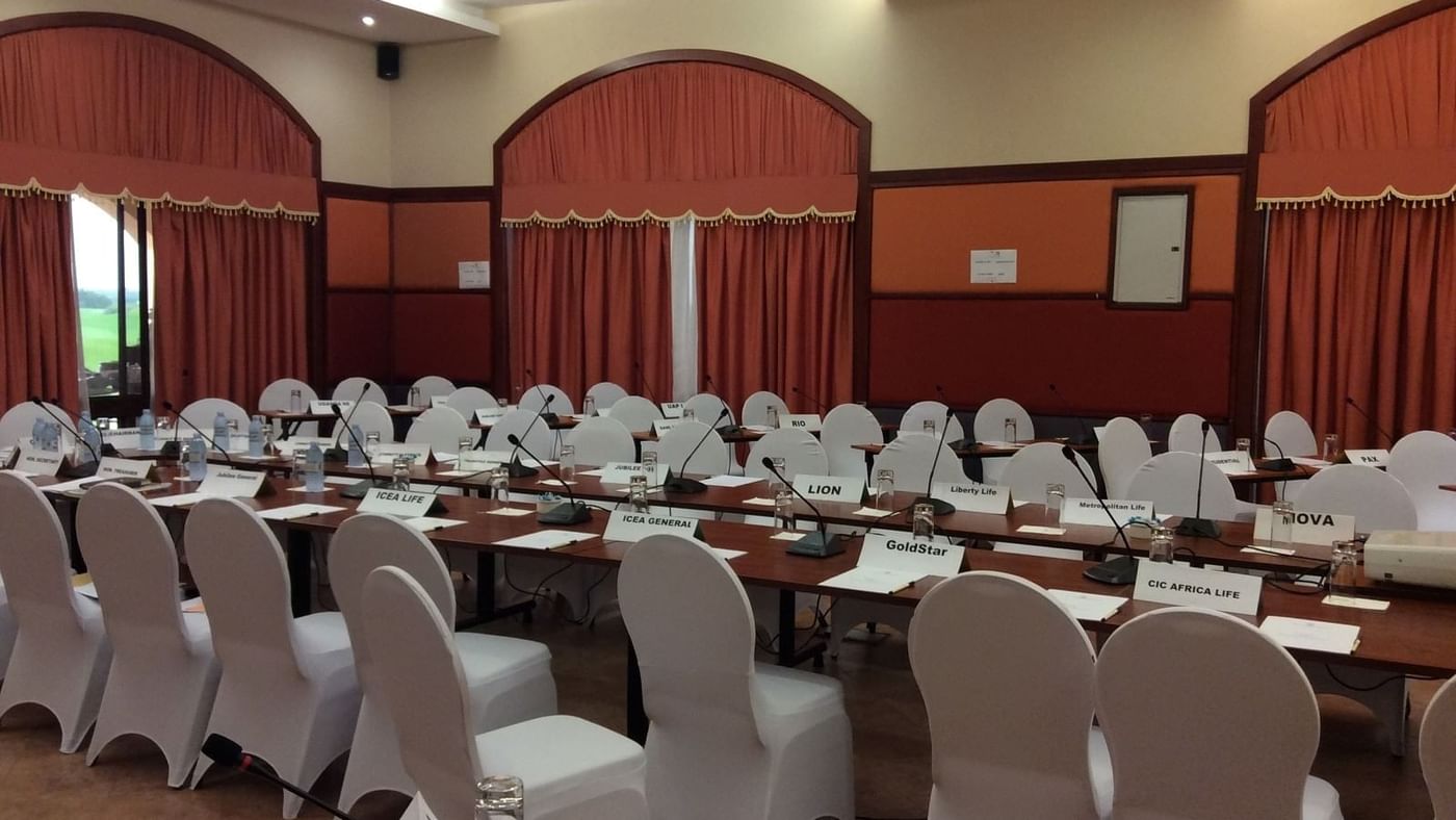 Meeting setup with chairs and name tags in Buvuma Hall at Lake Victoria Serena Golf Resort & Spa, Kampala.