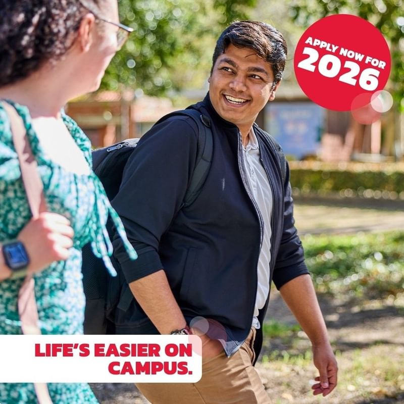 Smiling man with backpack talking to woman, Apply Now for 2026, Life's Easier on Campus.