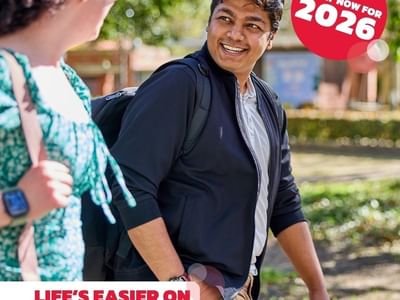 Smiling man with backpack talking to woman, Apply Now for 2026, Life's Easier on Campus.