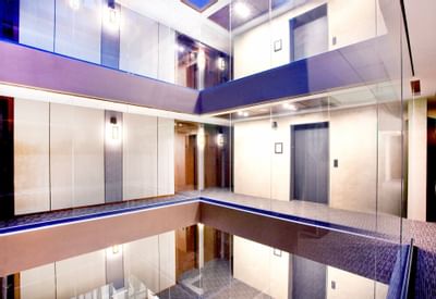 a view of multiple floors of a hotel