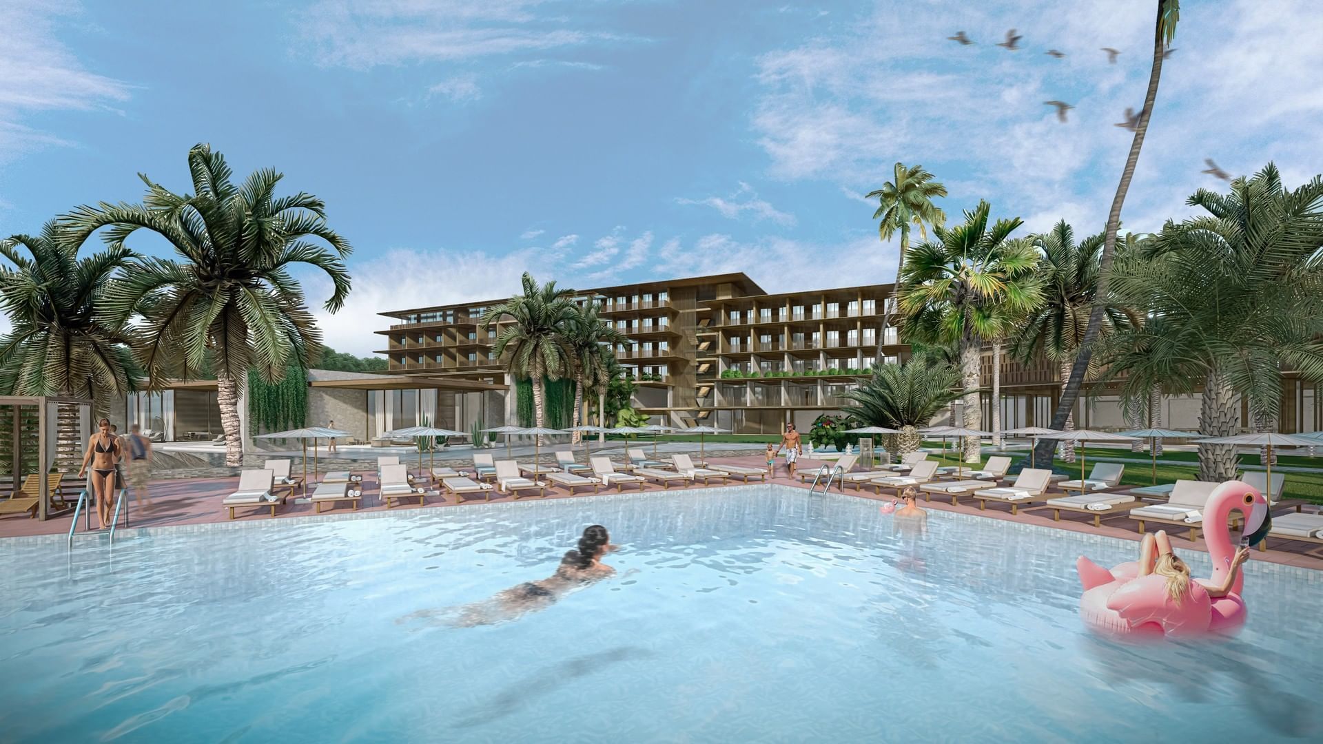 Relaxing view of the main resort building, the outdoor pool, and the lush palm trees at A'ila Resorts