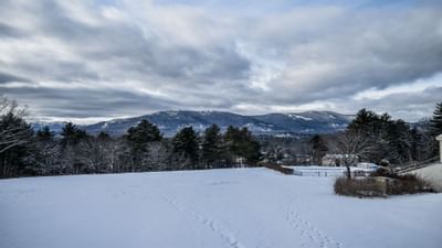 Fox Ridge Resort snowy field with footprints, surrounded by trees and distant mountains under a cloudy sky.