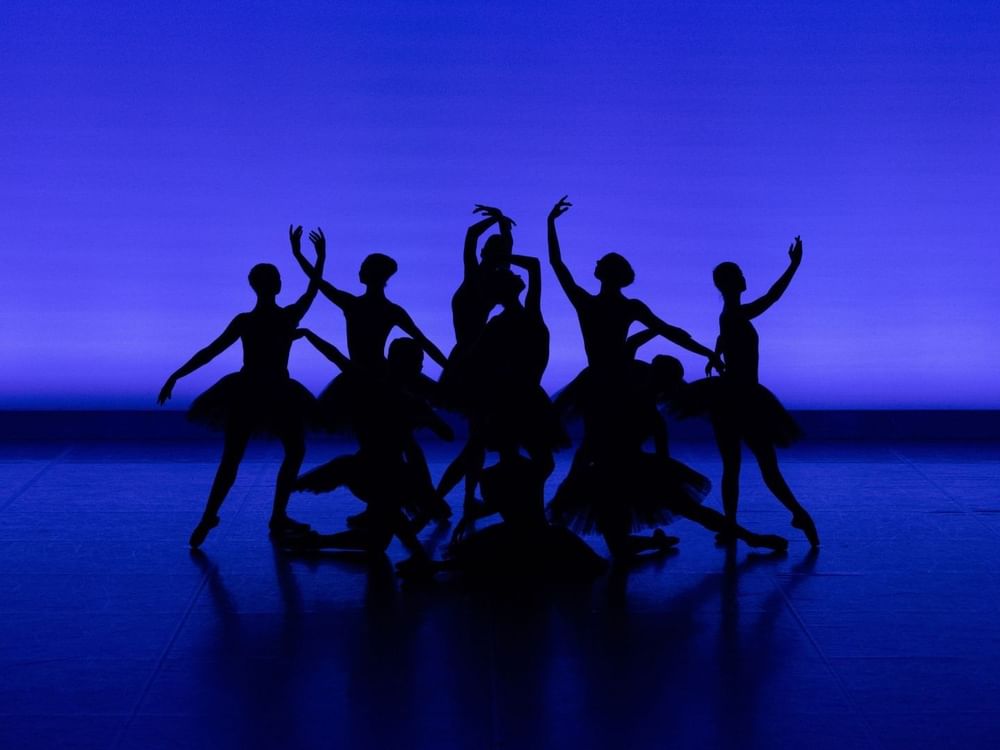 Silhouettes of ballerinas performing on stage with a blue background, evoking a sense of elegance and grace.