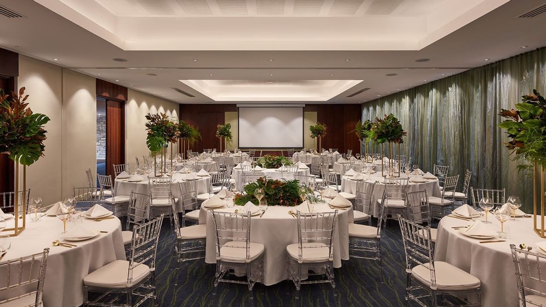 Banquet tables setup for a Meeting at Pullman Bunker Bay Resort